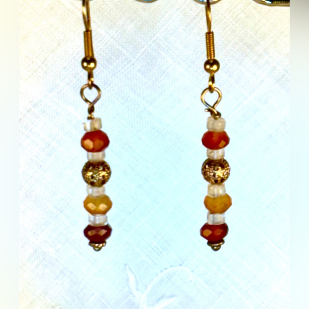 Earrings Pierced Handcrafted Unique Design Women Faceted Glass & Gold Metal Bead